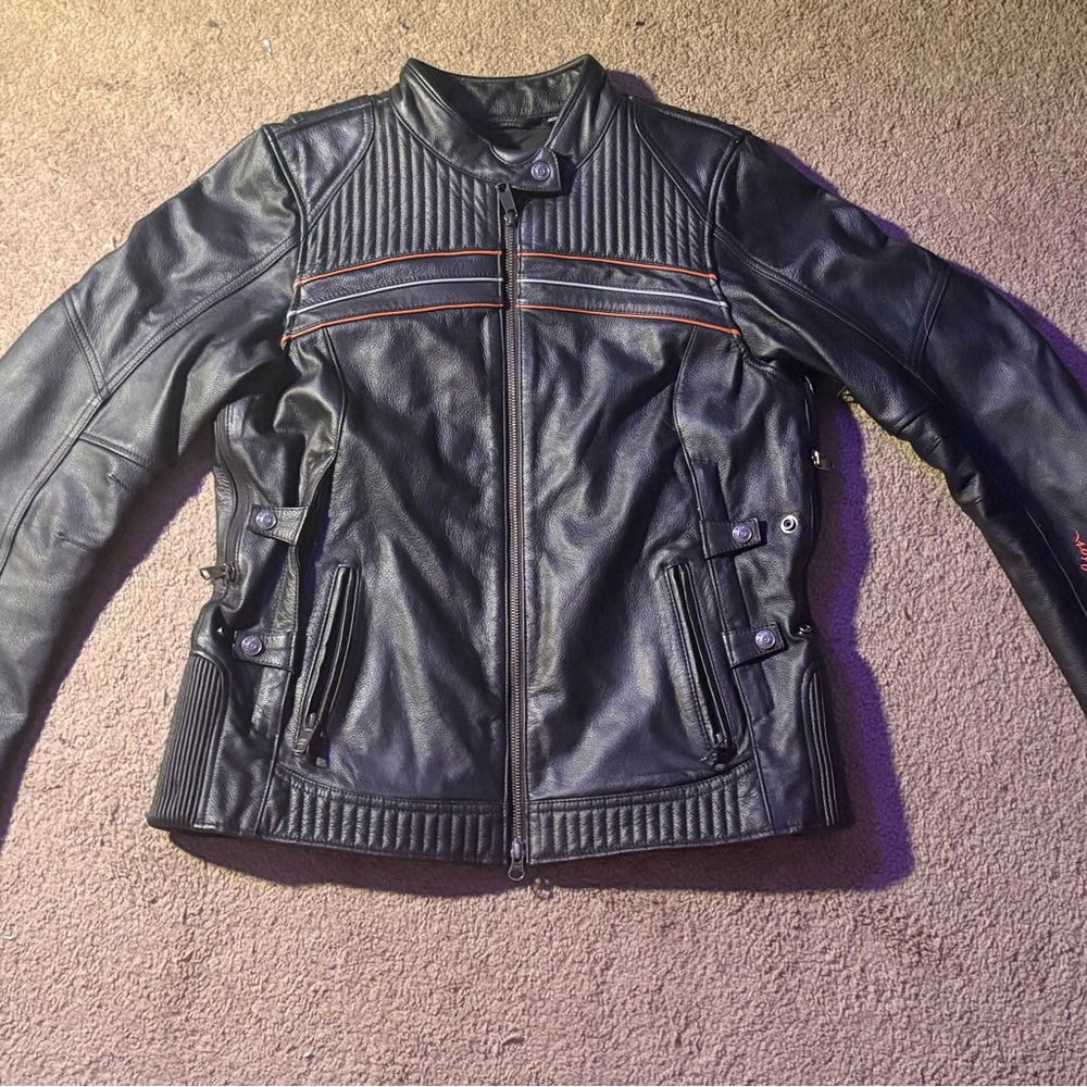 Women’s Harley-Davidson Black Leather Jacket with Orange Trim